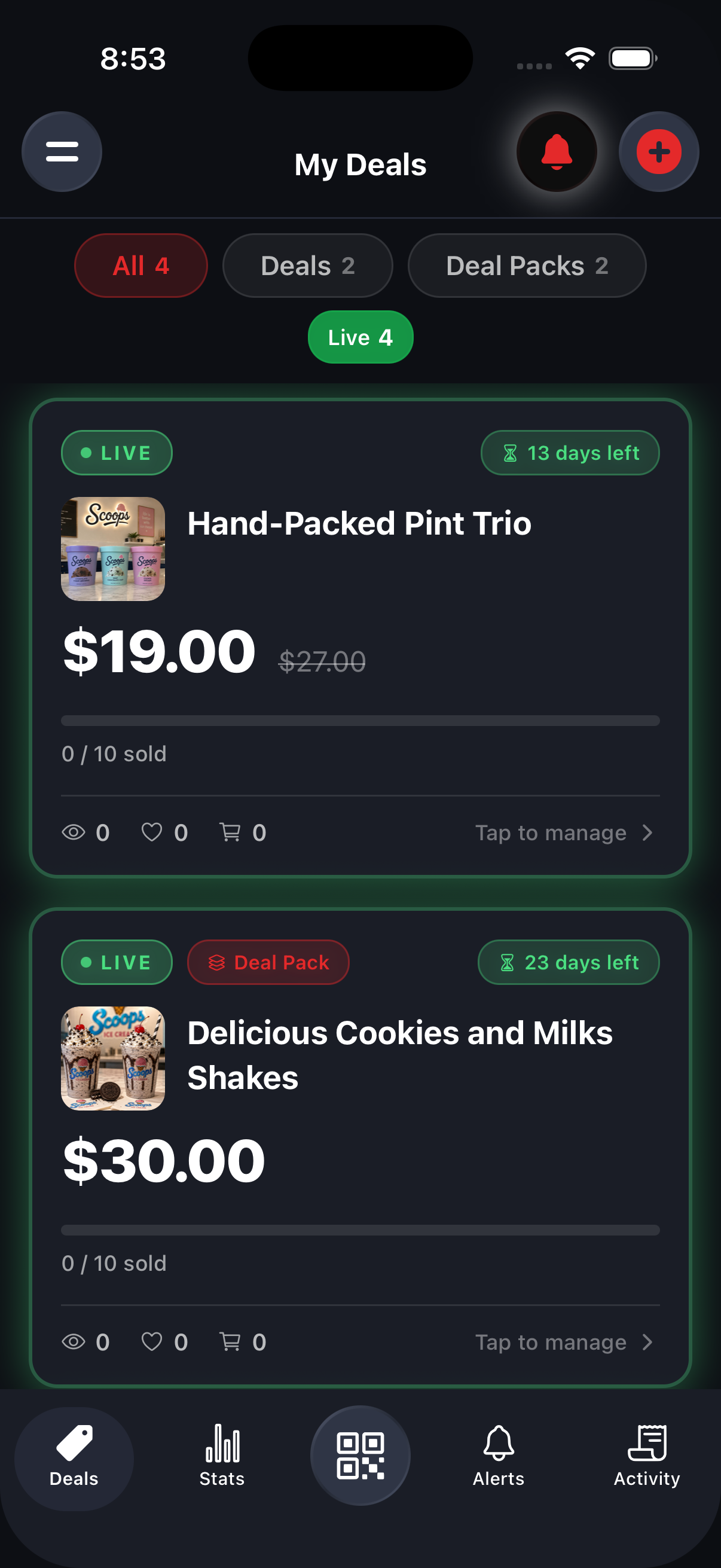 The My Deals feed with the published deal live and selling