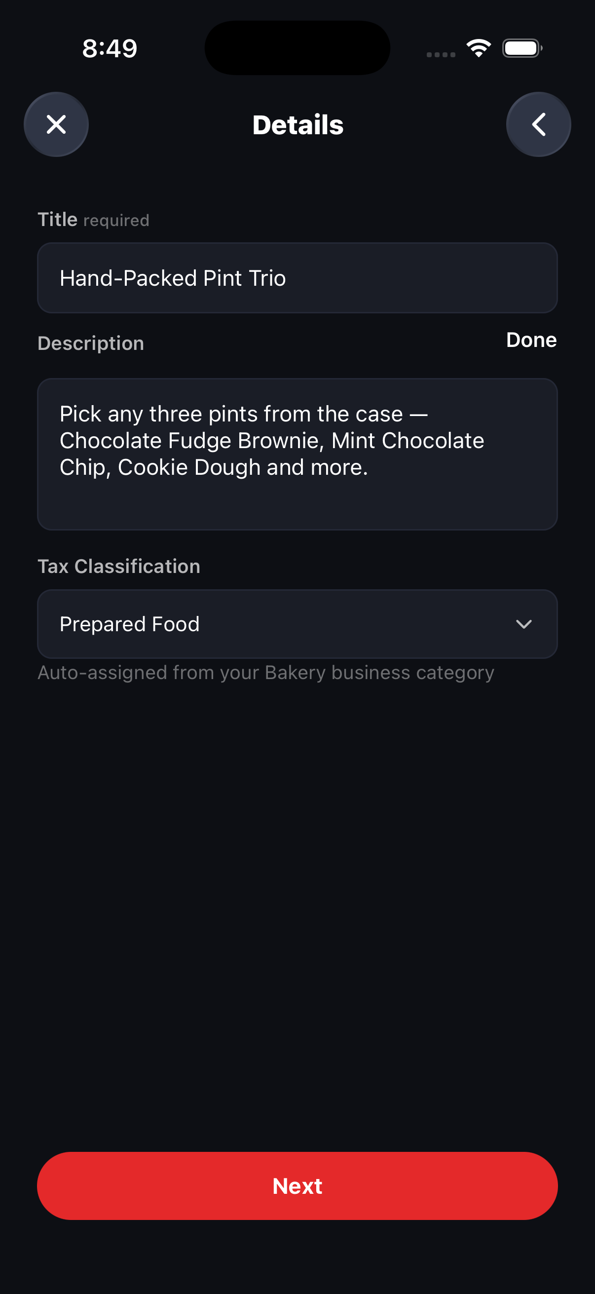 The Details screen with the deal title and description filled in