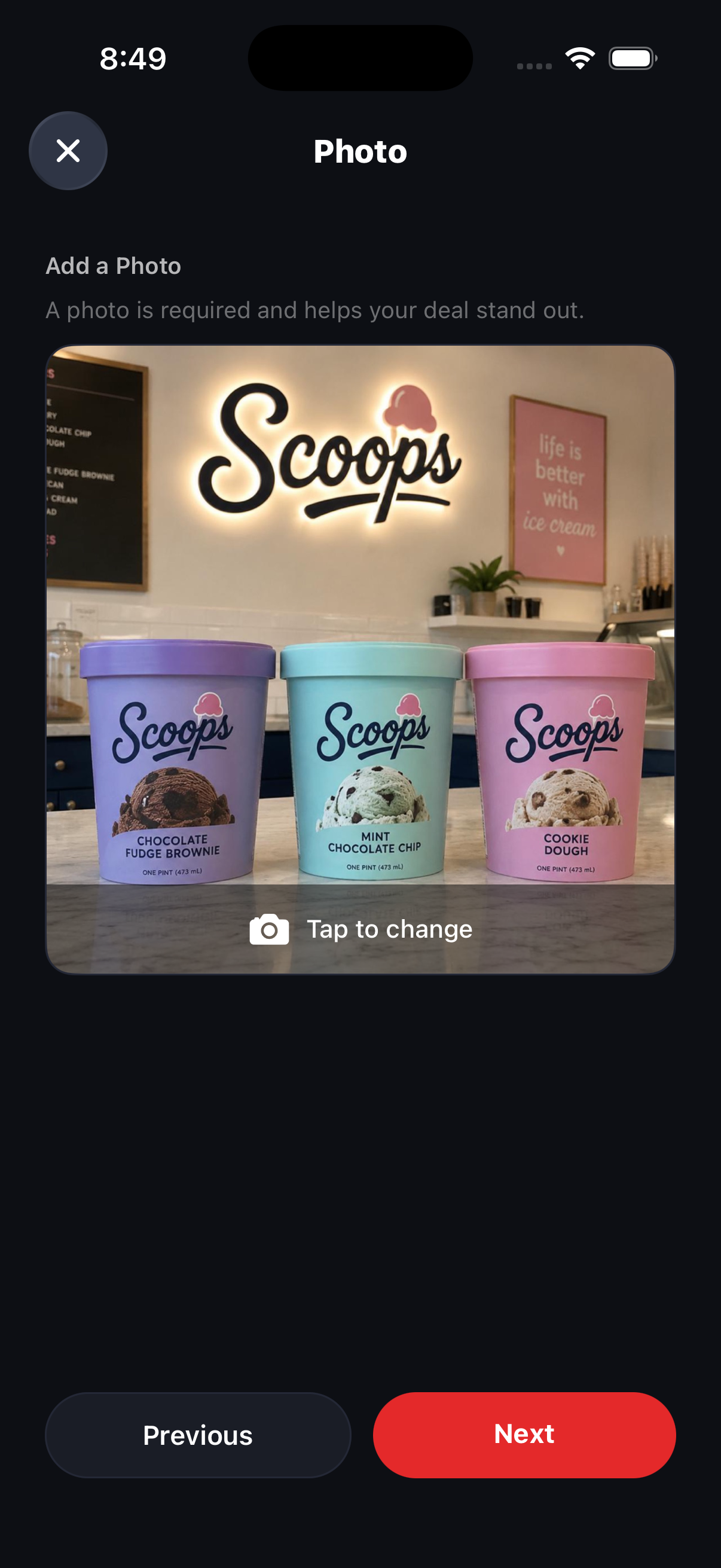 The Photo screen with a storefront photo added to the deal