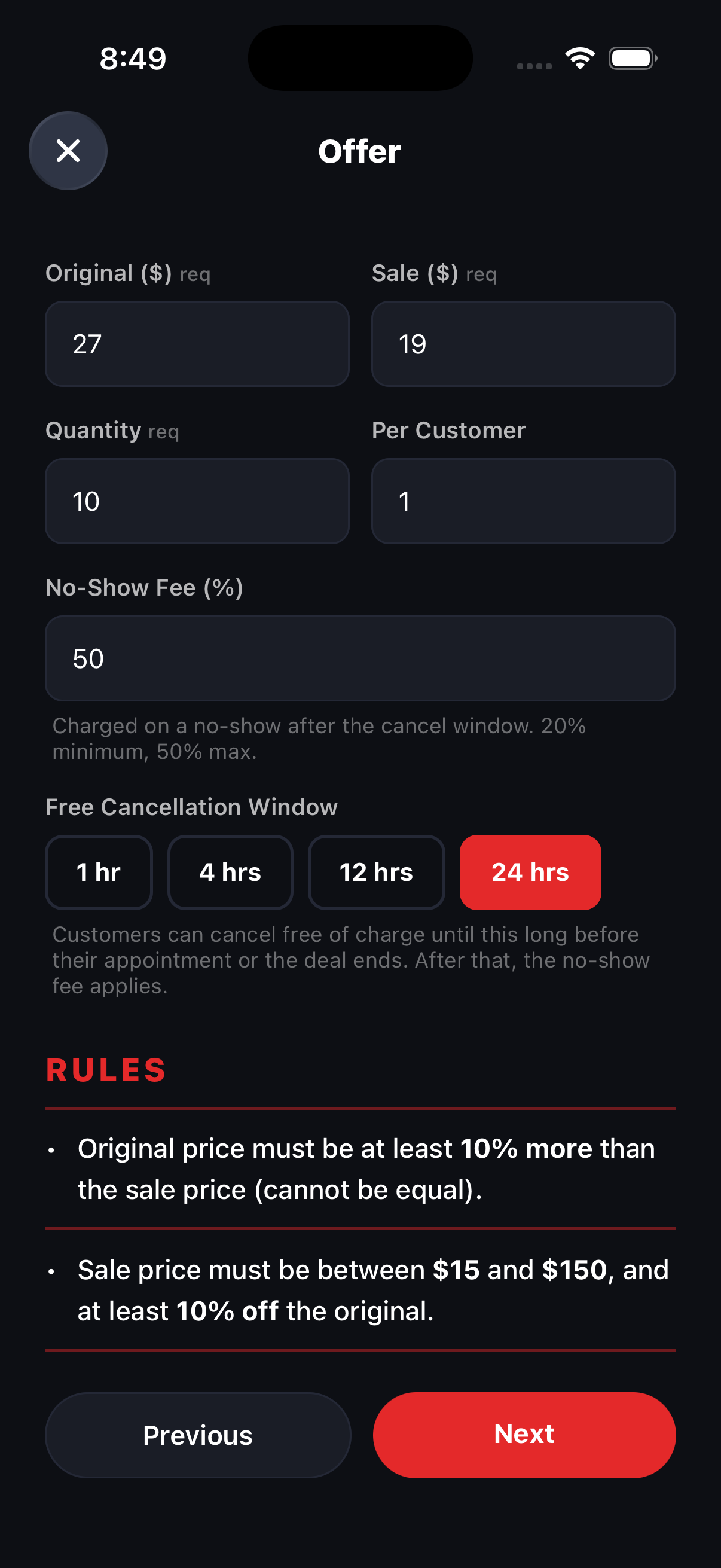 The Offer screen with original price, sale price, quantity, and cancellation settings