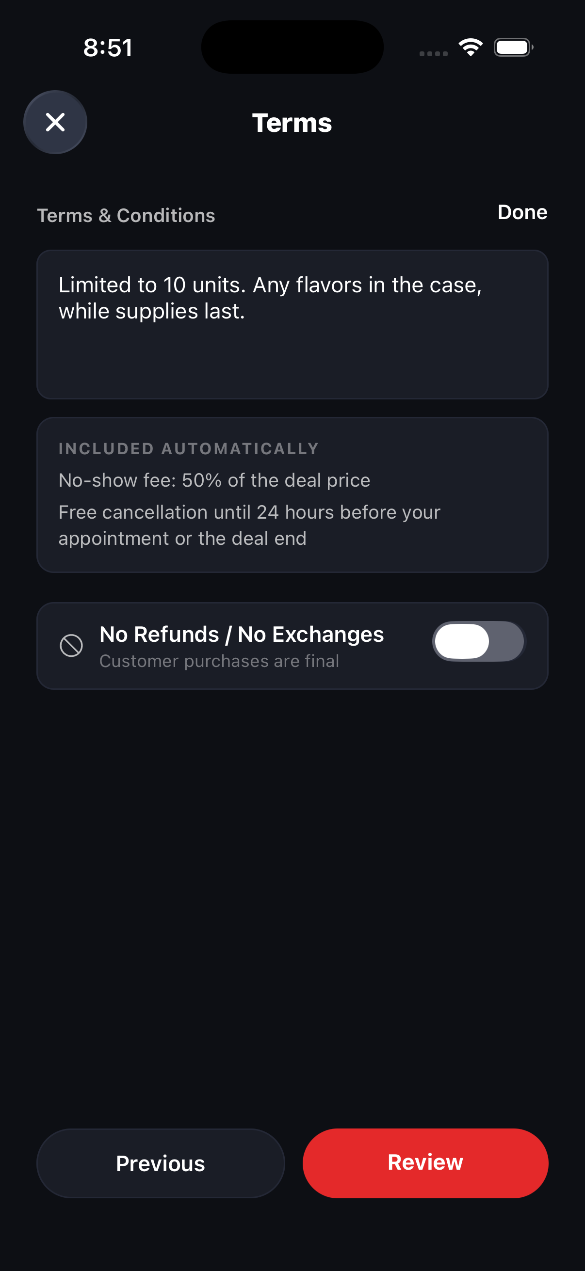 The Terms screen with the deal terms and automatic protections