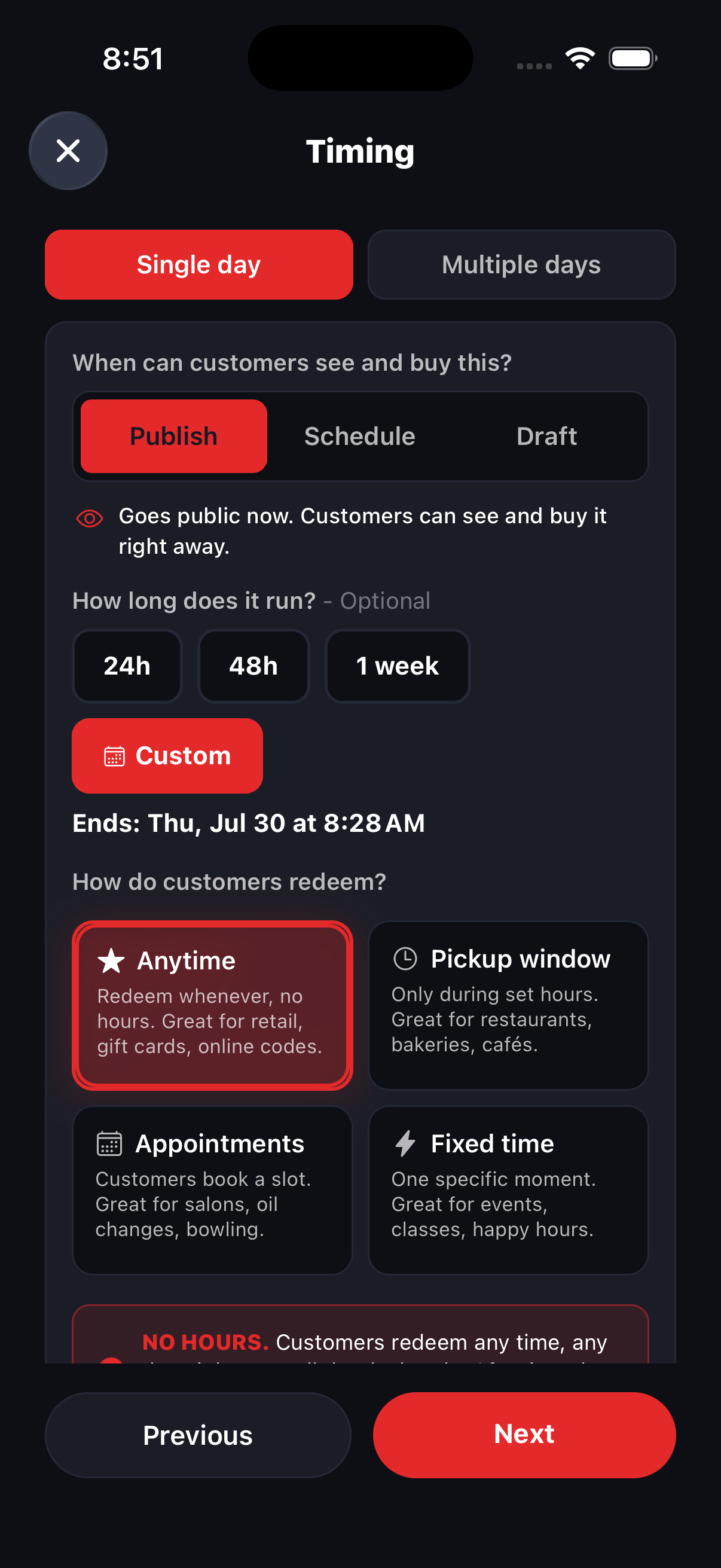 The Timing screen choosing when the deal runs, the pickup window, and how customers redeem it