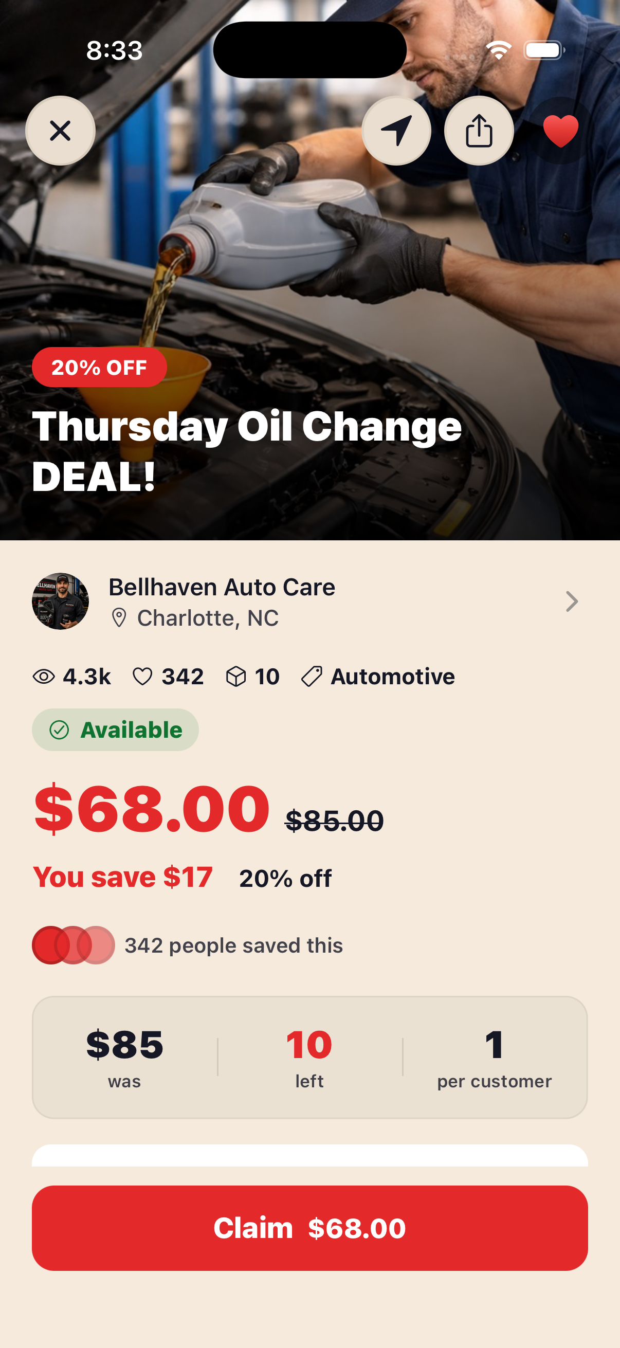 A live oil change deal from an auto shop, 20 percent off with ten available, shown as shoppers see it