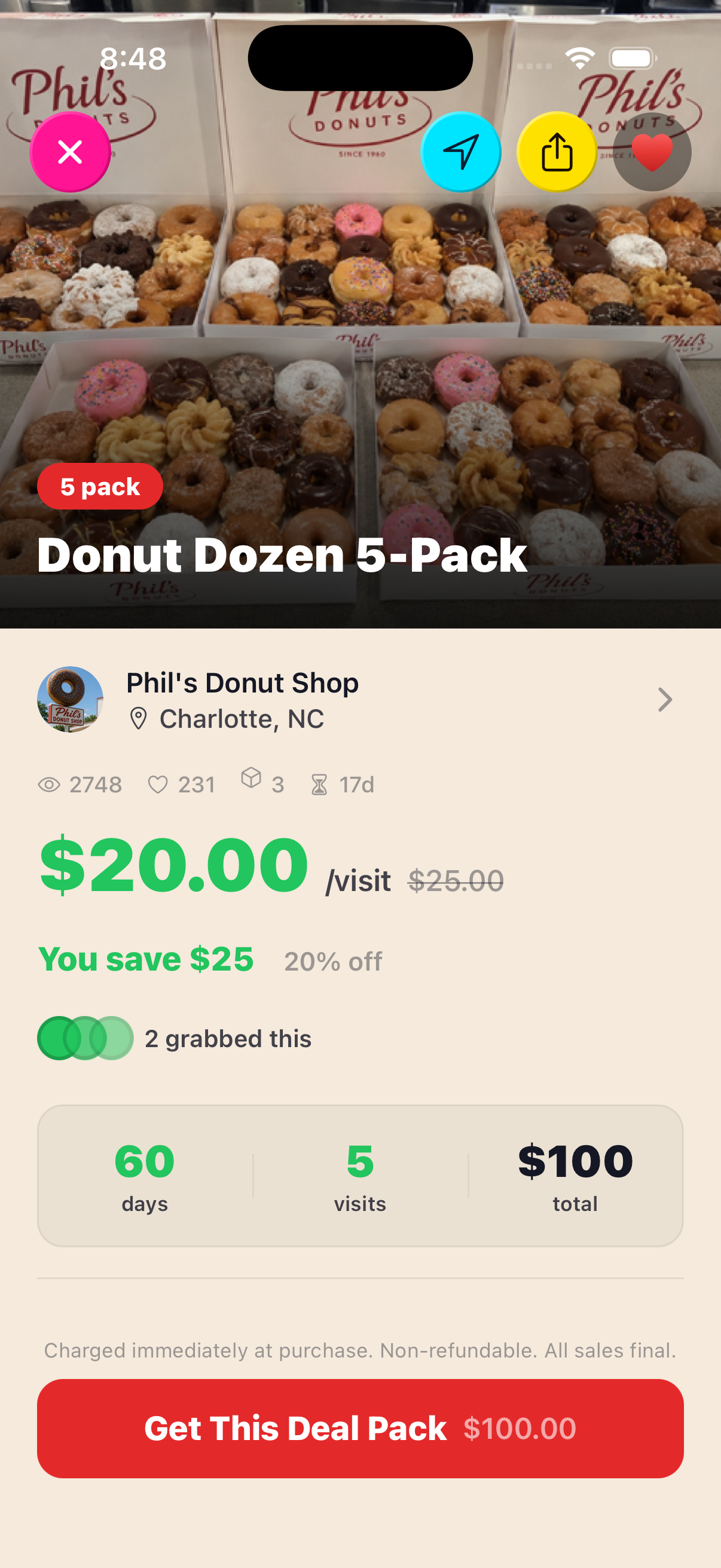 A donut shop deal pack selling five visits upfront, shown as shoppers see it