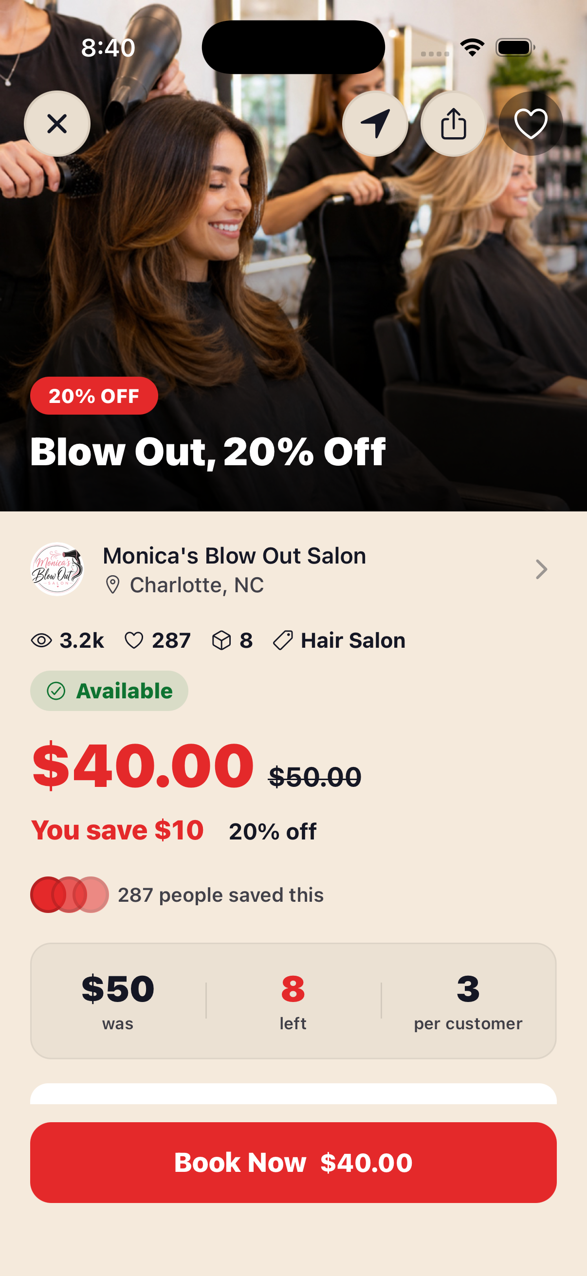 A salon blow out deal with a Book Now button, shown as shoppers see it