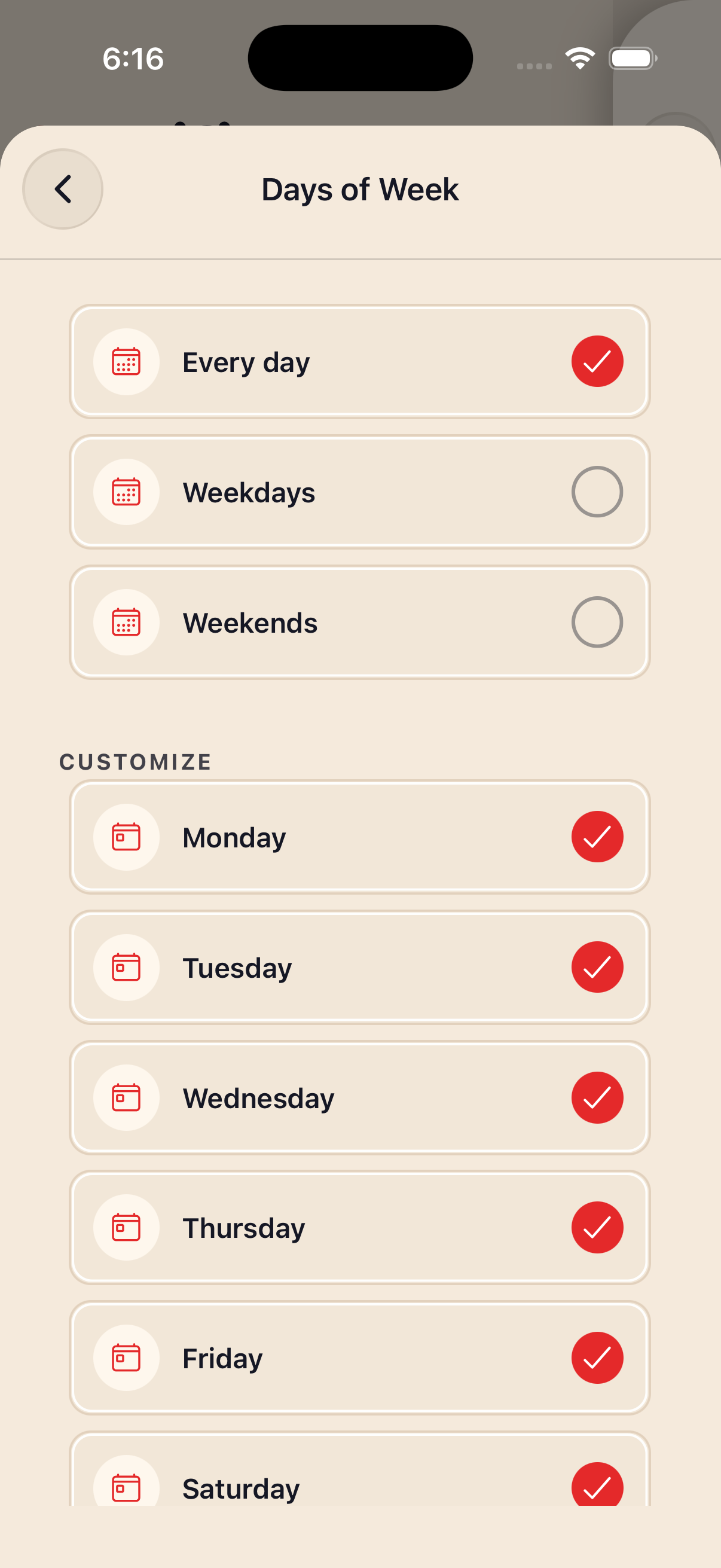 Days of week settings with Every day selected, plus weekdays, weekends, and individual day options.