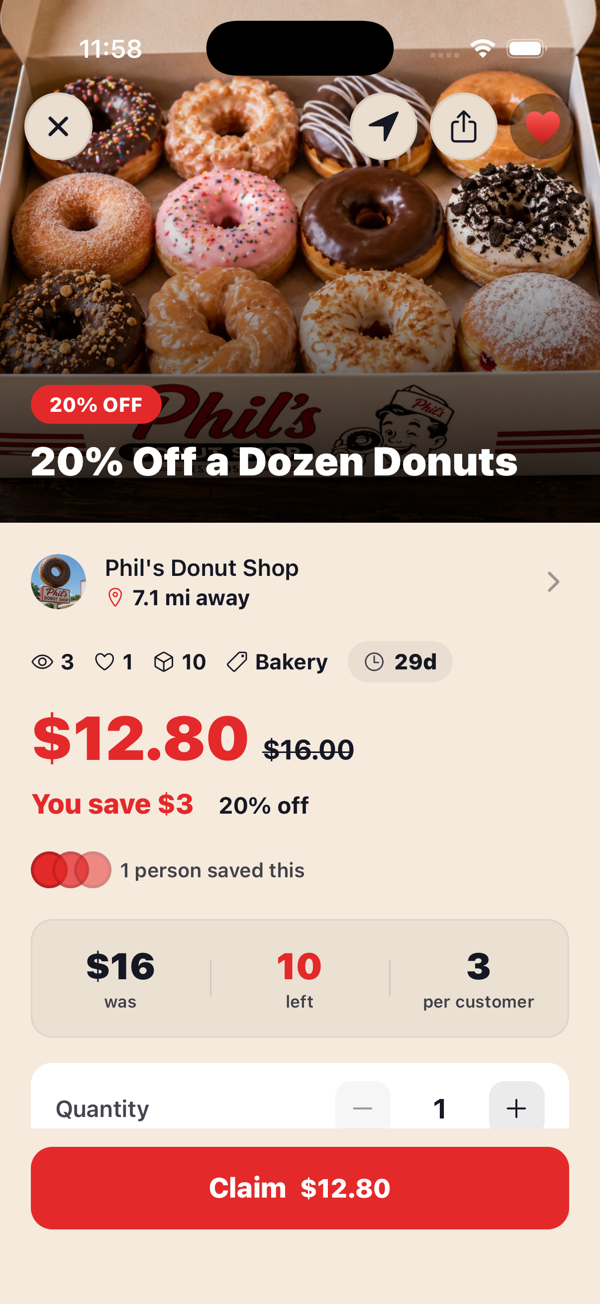 The full deal screen with the offer, savings, and a reserve button.