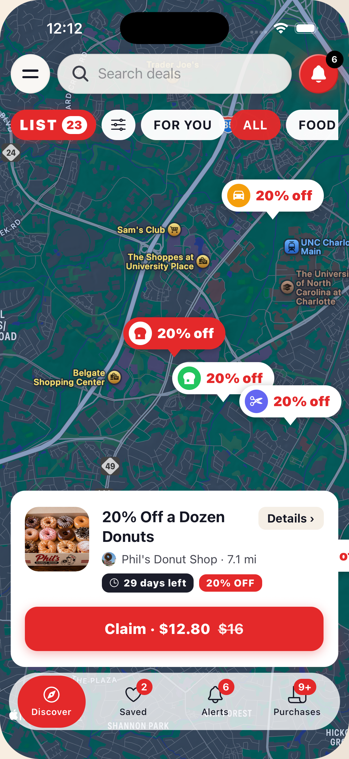 A tapped deal pin previewing the offer, distance, time left, and savings.
