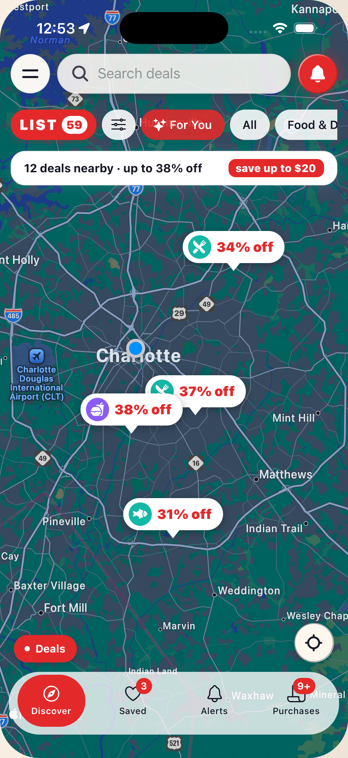 The map after filtering, showing only a few matching deal pins.