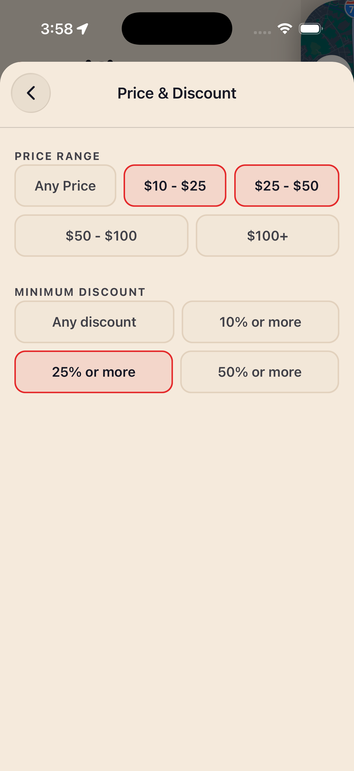 Price and discount filter set to a dollar range with a minimum discount.