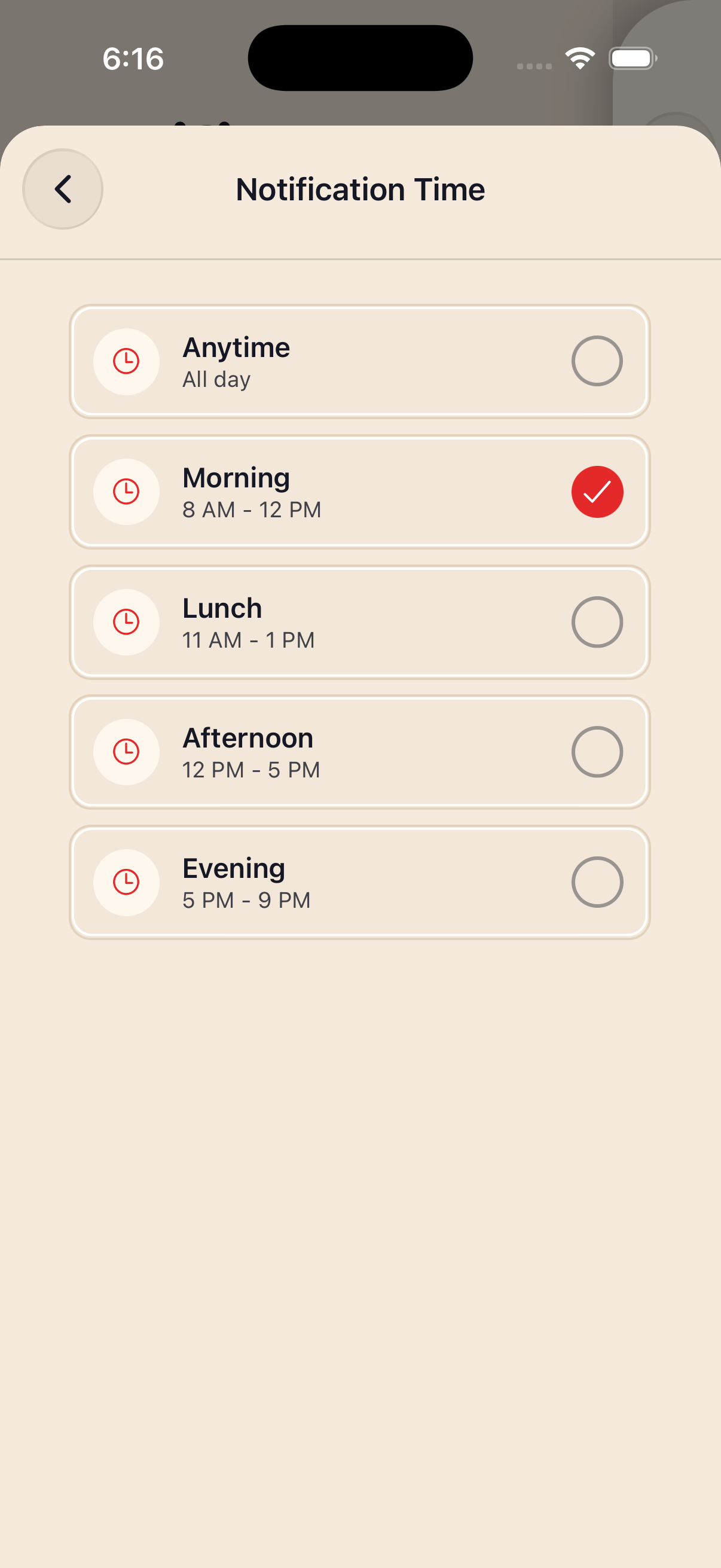 Notification time settings with Morning, 8 AM to 12 PM, selected from anytime, morning, lunch, afternoon, and evening options.