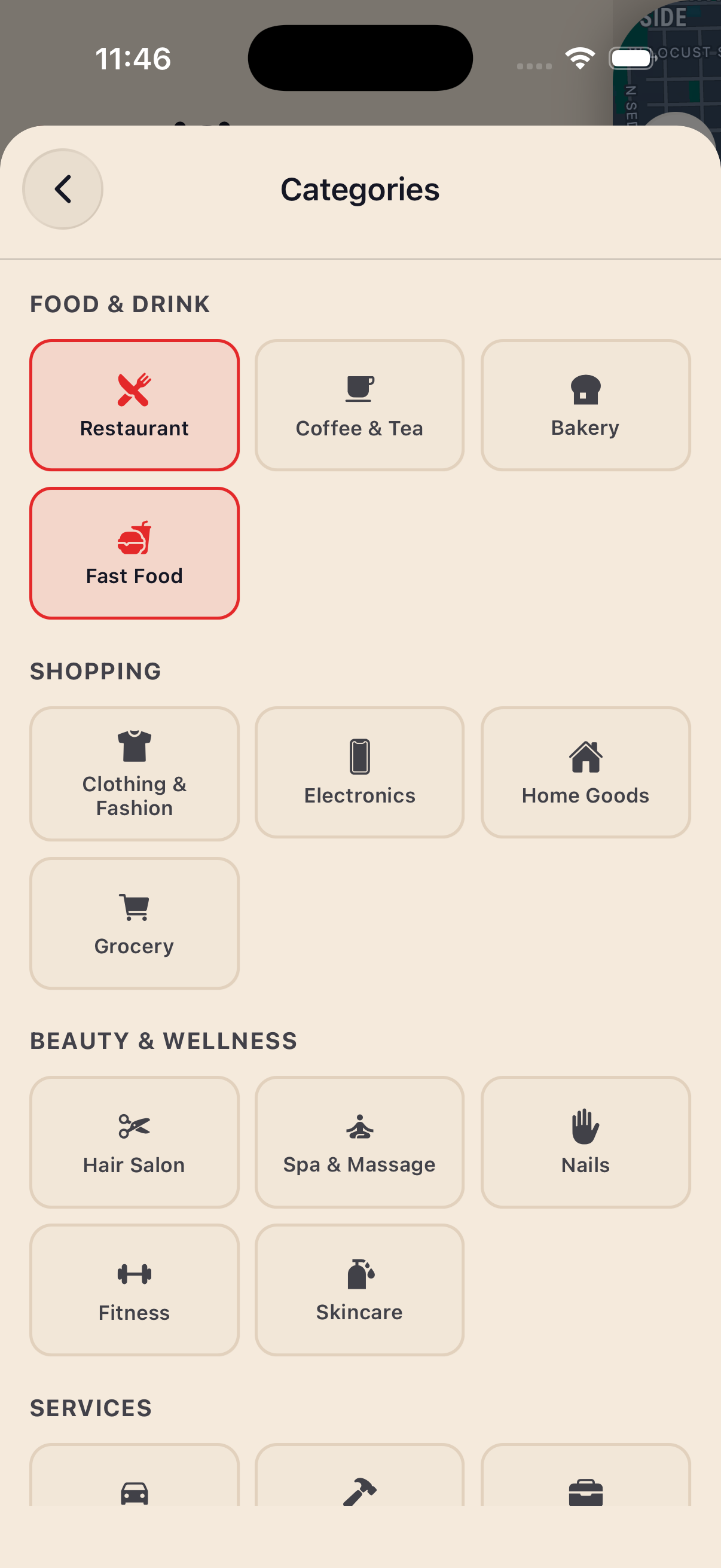 Category filter with Restaurant and Fast Food on, all others off.