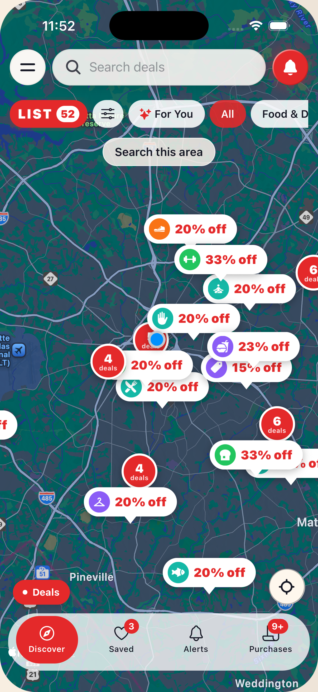 Map view crowded with dozens of deal pins across the neighborhood, before filtering.