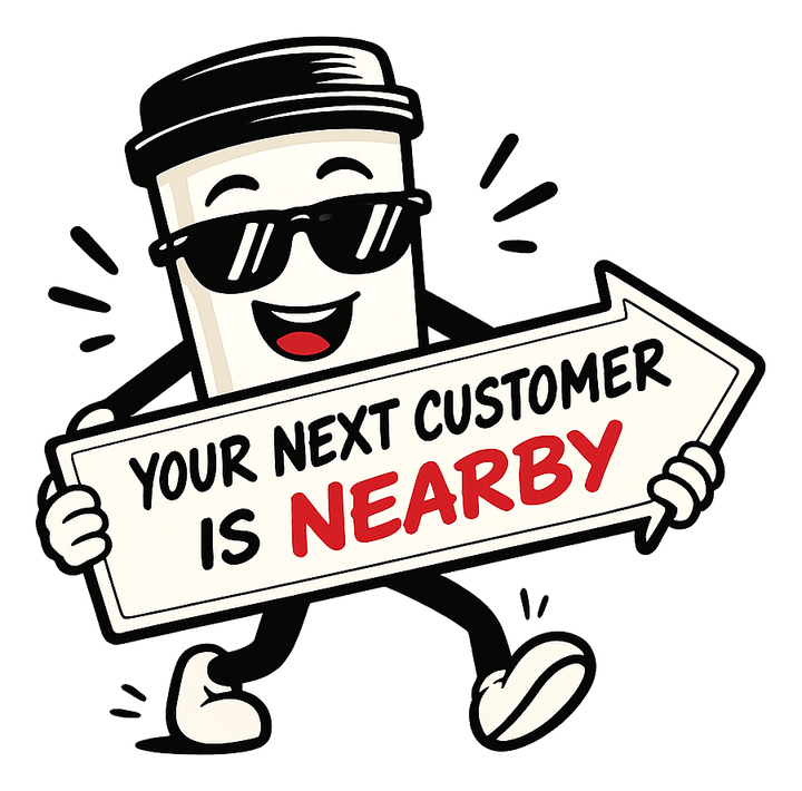 Coffee cup mascot holding an arrow sign reading your next customer is nearby