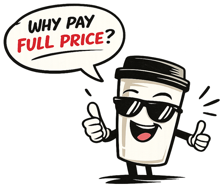 Coffee cup mascot in sunglasses asking why pay full price
